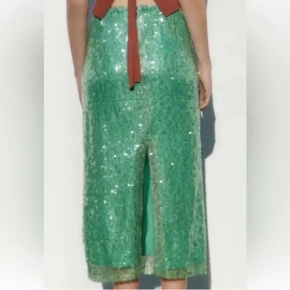 ZARA Sea Green Sequin Lace Pencil Skirt - Picture 10 of 16